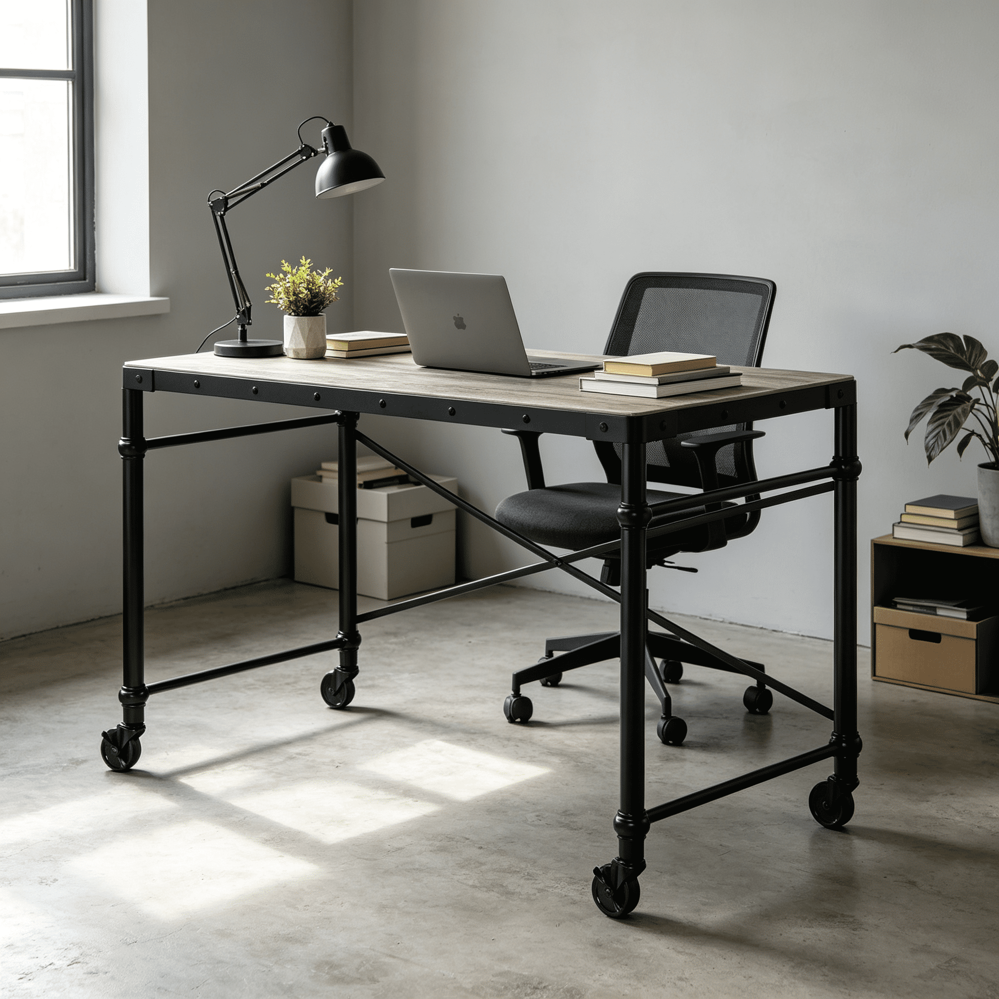 Astoutdoor Rustic Oak and Black Writing Desk with Wheels