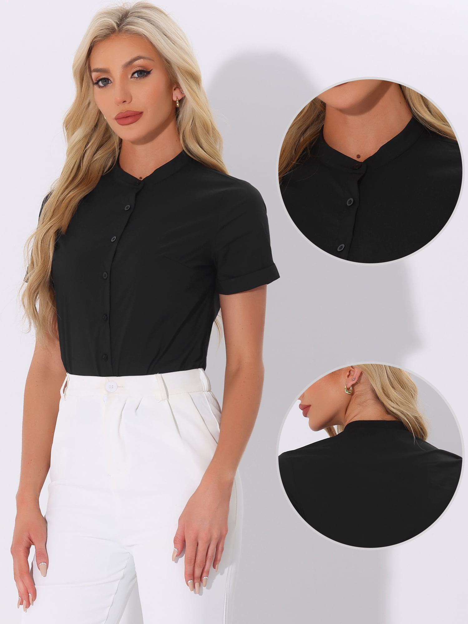 DARING DIVA Stand Collar Short Sleeve Office Work Shirt Bodysuits XS Black