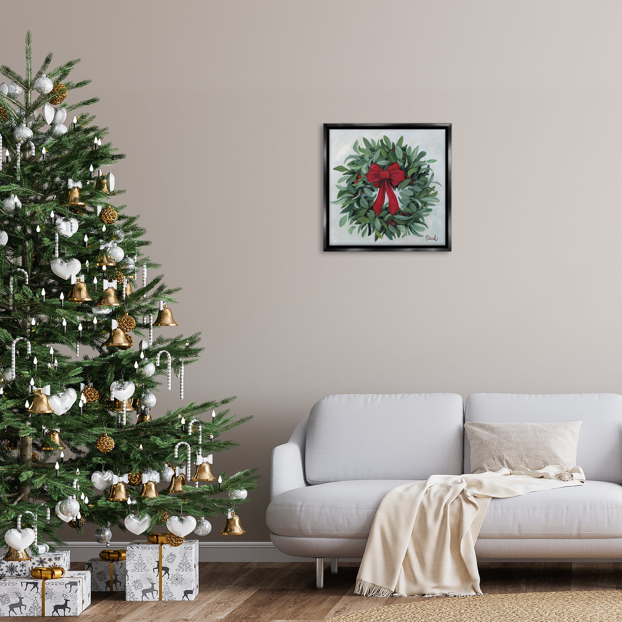Stupell Industries Wreath with Red Bow Holiday Painting Black Floater Framed Canvas Art Prints Wall Art, 25 x 25