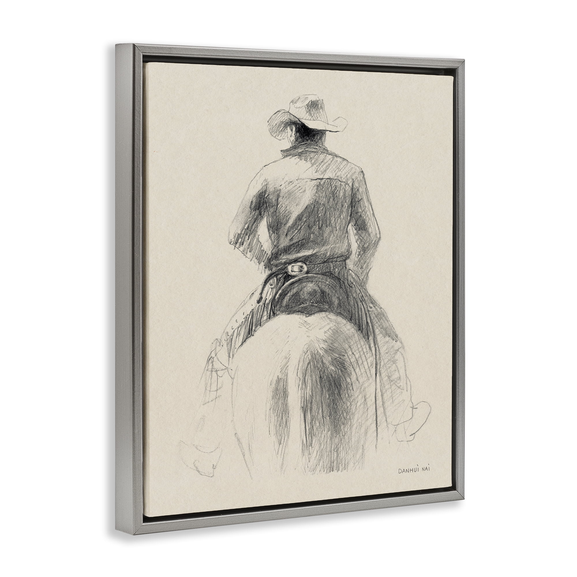Stupell Industries Traditional Drawing of Cowboy People Drawing Gray Floater Framed Canvas Art Print Wall Art, 25 x 31