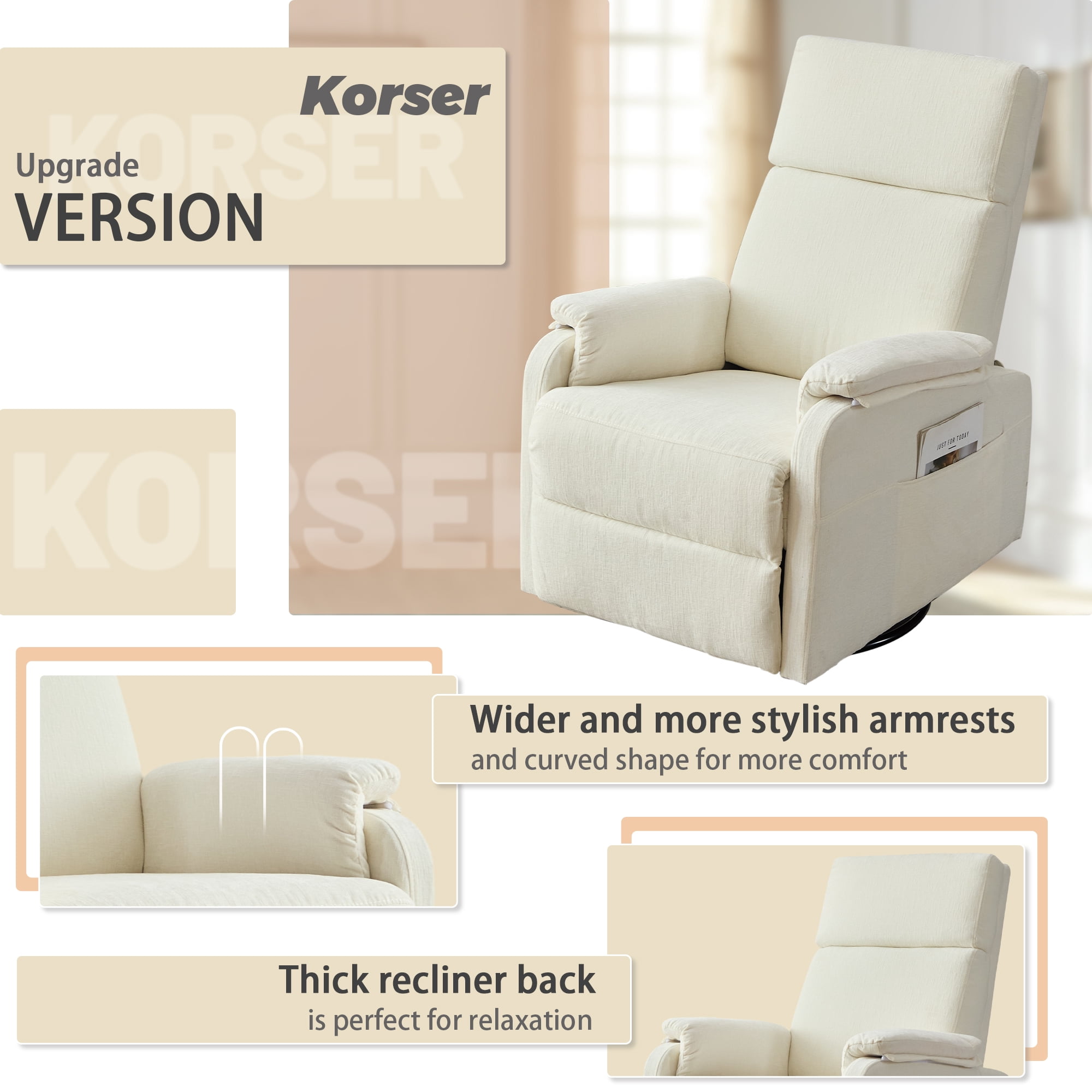 Korser Swivel Rocker Recliner Chair for Small Spaces Chenille for Living Room,Beige