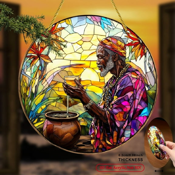 2D Flat 1pc acrylic African Tribal Elder Sun Catcher, Garden Horticulture Decor, Window Hanging Ornament, Vibrant Stained Glass Style, Peaceful Atmosphere, Suitable for Home an 8*8inch