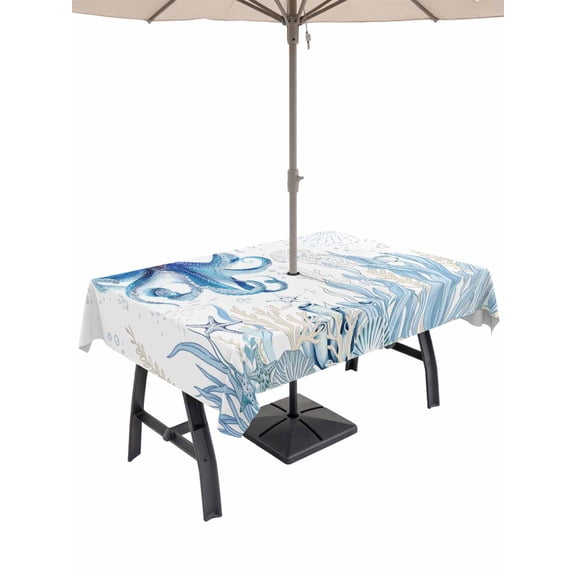 Outdoor Tablecloth with Umbrella Hole and Zipper, Blue Octopus Coastal Rectangle Table Cloth 60x120 Inch Waterproof Tablecloth, Summer Beach Nautical Ocean Coral Starfish Picnic Table Cover for Patio