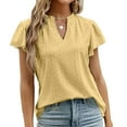 thumbnail image 3 of Women's Yellow V-Neck Ruffled Sleeve T-Shirt with Hollow Out Dots, Loose Casual Summer Top - Size M, 3 of 6