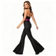 thumbnail image 6 of Women 70s Disco Jumpsuit Costume, Sparkly Halter V‑Neck Bell Bottom Jumpsuit with Pink Sequin Belt, Retro Disco Outfit for Halloween Theme Party Cosplay, 6 of 7