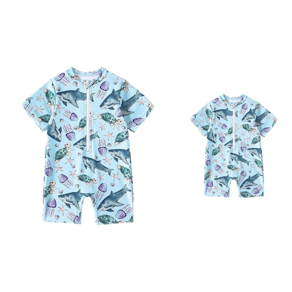 Boys One Piece Swimsuit with Zipper Rash Guard, Short Sleeve UPF50 Shark Whale Dolphin Swimwear for Toddler Baby Beach Wear