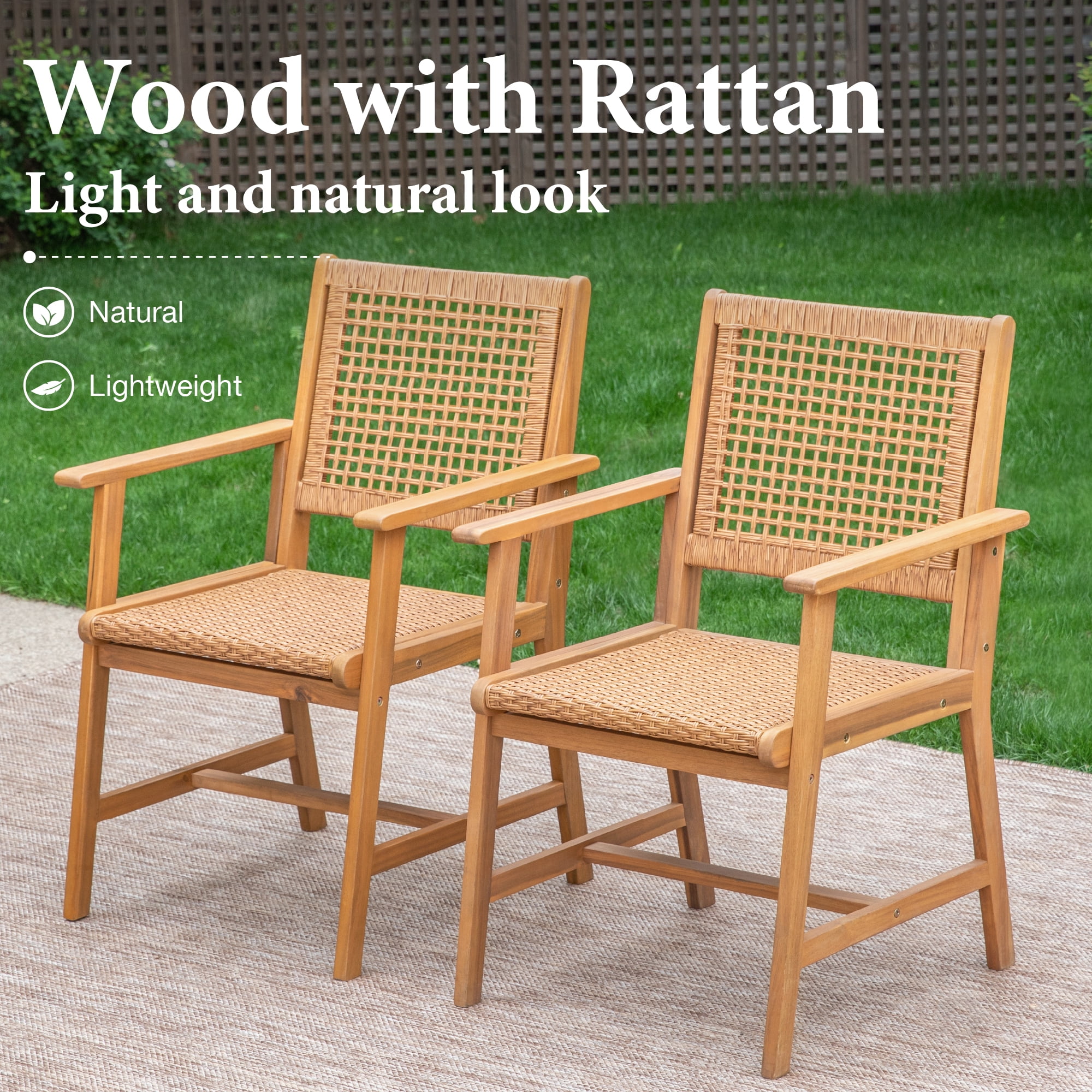 SUMMIT LIVING 8-Piece Acacia Wood Patio Dining Chairs (Weight Capacity 350 lbs) with Rattan Seat & Back, Teak Wood Outdoor Chairs