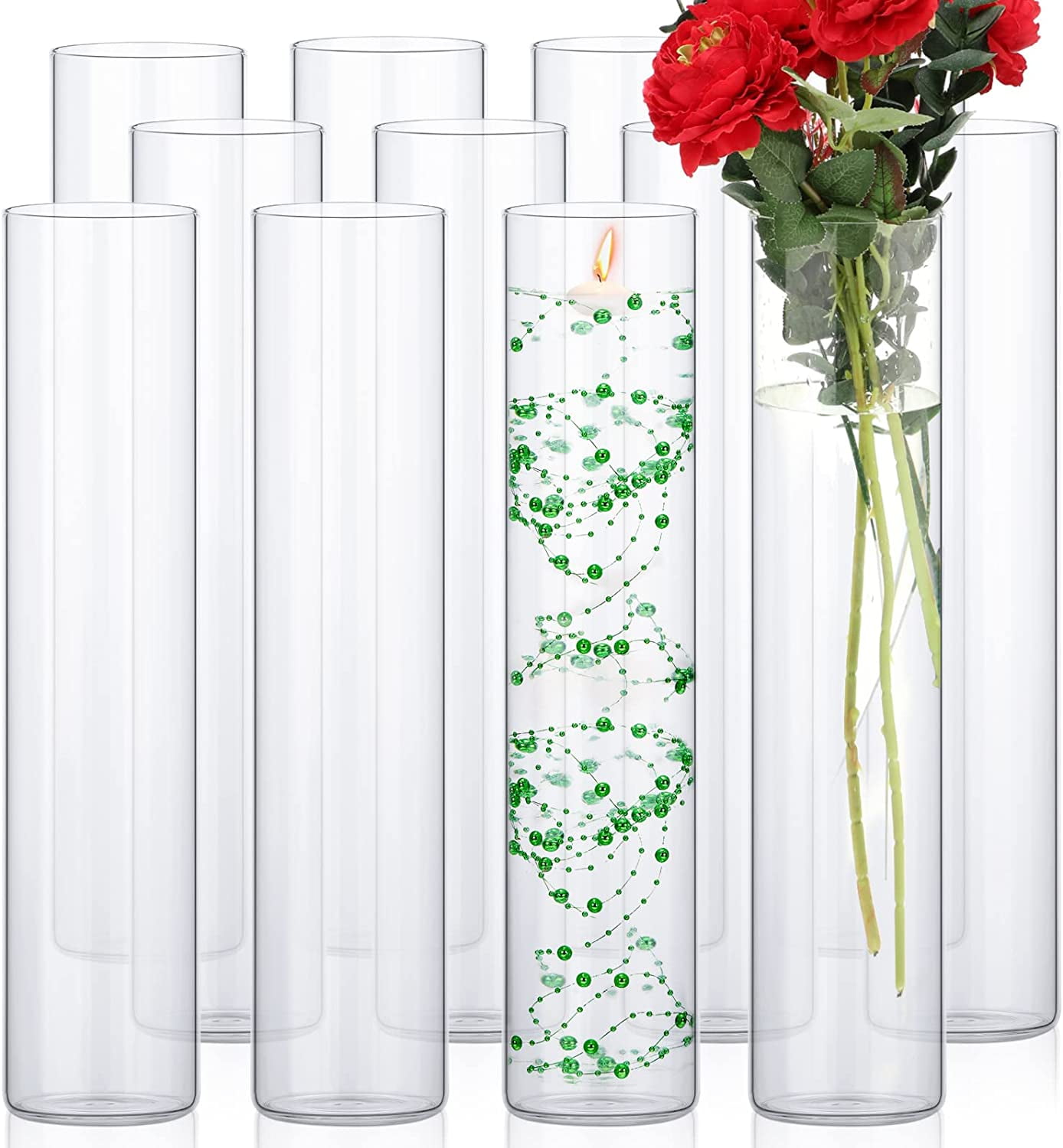 12 Pack Glass Clear Cylinder Vases Tall Floating Candle Holders