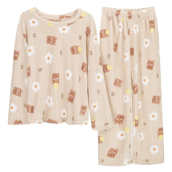 Women's Kawaii Bear Pajama Sets Cute Bear Graphic Printed Long Sleeve Crew Neck Nightwear Top and Pants Coquette Soft Sleepwears