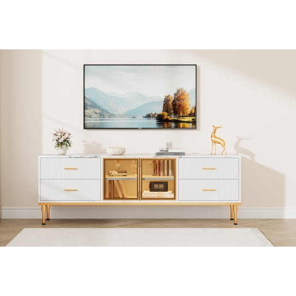 GAOMON Modern Fluted TV Stand， 65 Inch TV Stand with LED Lights, Modern Entertainment Center with 4 Drawers & Shelves & Glass Doors, TV Media Console for 55/65/75 Inch TV, TV Stands for Living Room