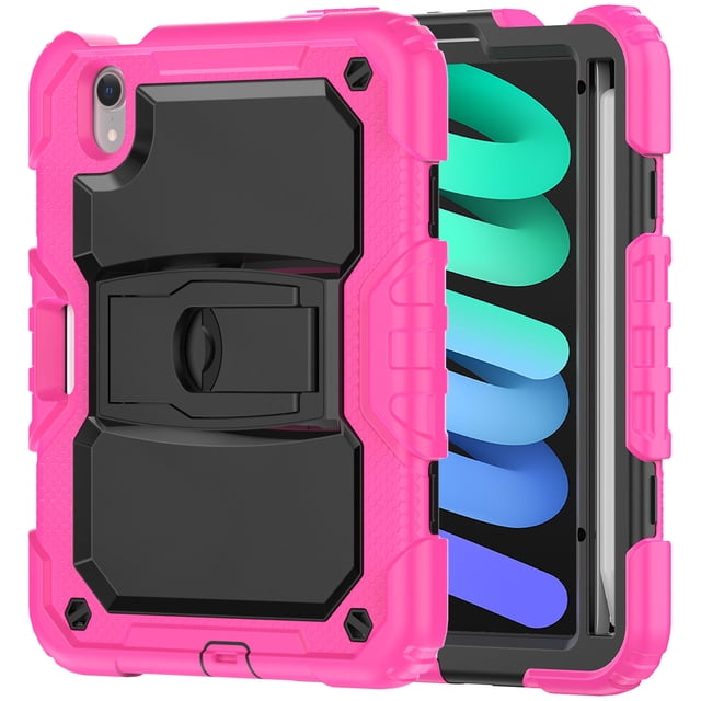 FJLBDE Case for iPad Mini 7 A17 Pro 2024/Mini 6 2021 8.3 Inch 7th/6th Gen, Rugged Shockproof Tablet Cases Cover with Kickstand Shoulder Strap, Rose