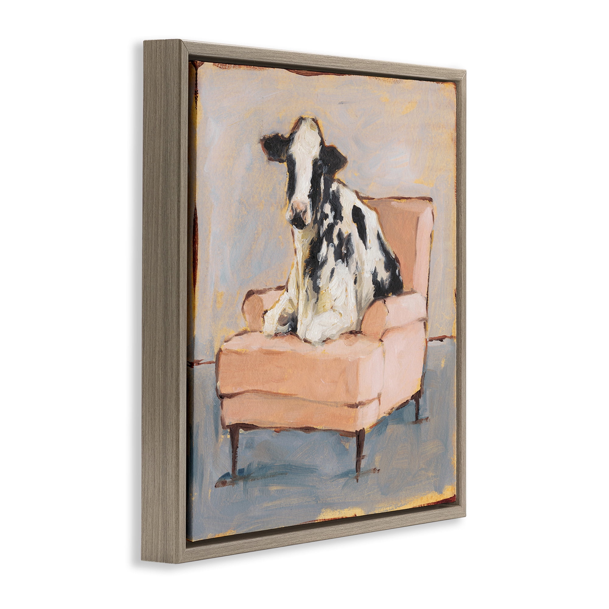 Stupell Industries Baby Cow on Pink Couch Animals & Insects Painting Brown Floater Framed Canvas Art Print Wall Art, 18 x 18