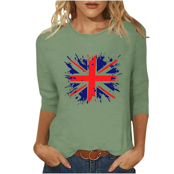 LMKIHUSA American Flag Shirts for Women 4th of July 3/4 Length Sleeve Crew Neck Pullover Blouses Usa Flag Print Tees Casual Dressy Summer 2025 Vacation Tunic Tops Green,XXL