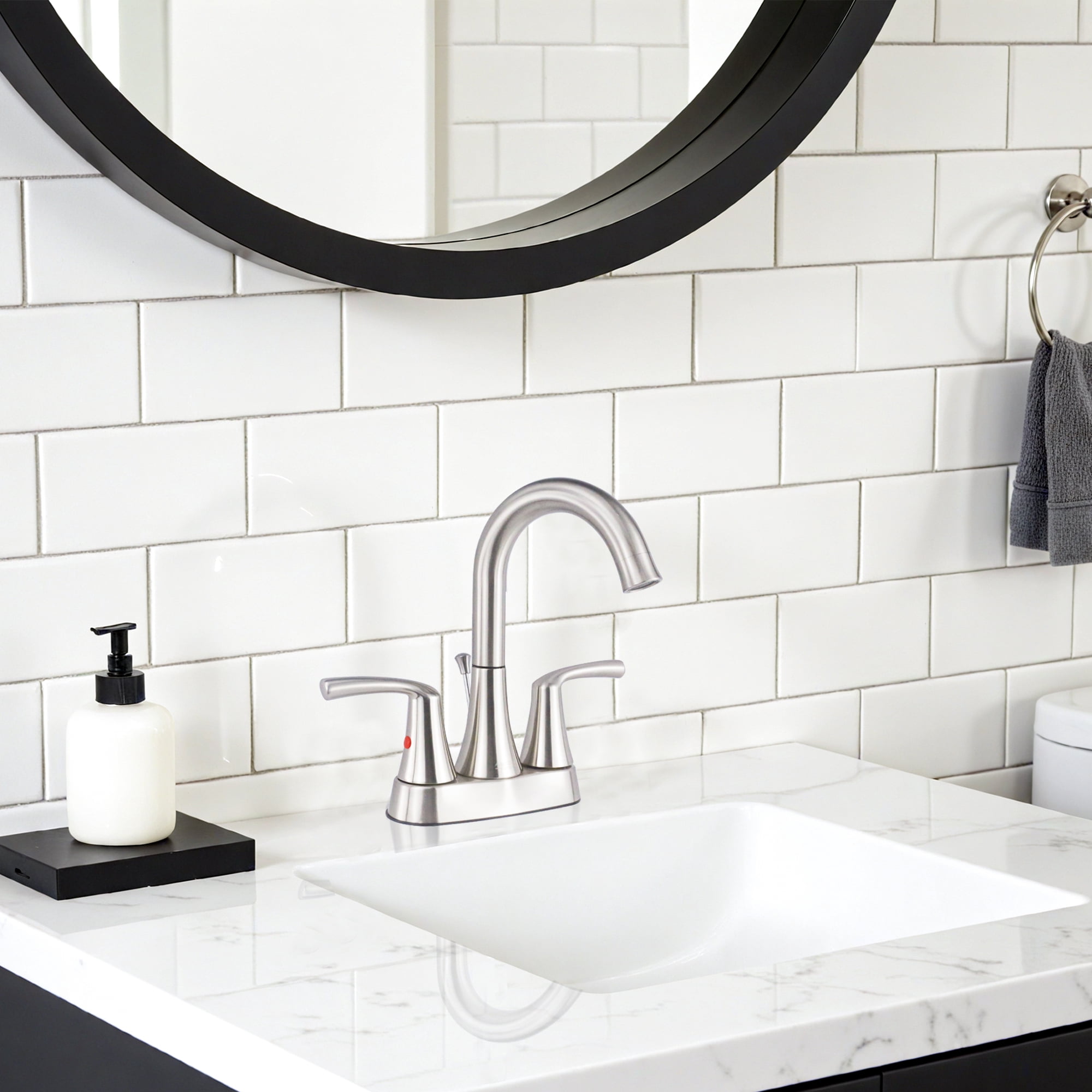 Sunrinx 4-Inch Bathroom Sink Faucet Brushed Nickel 2 Handle Centerset High Arc Swivel Faucet