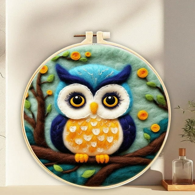 HLONK Owl Needle Felting Set Beginner Felt Painting Set with Wool Felt Painting Set Decorative Frame Suitable for Home Decoration Christmas Gift