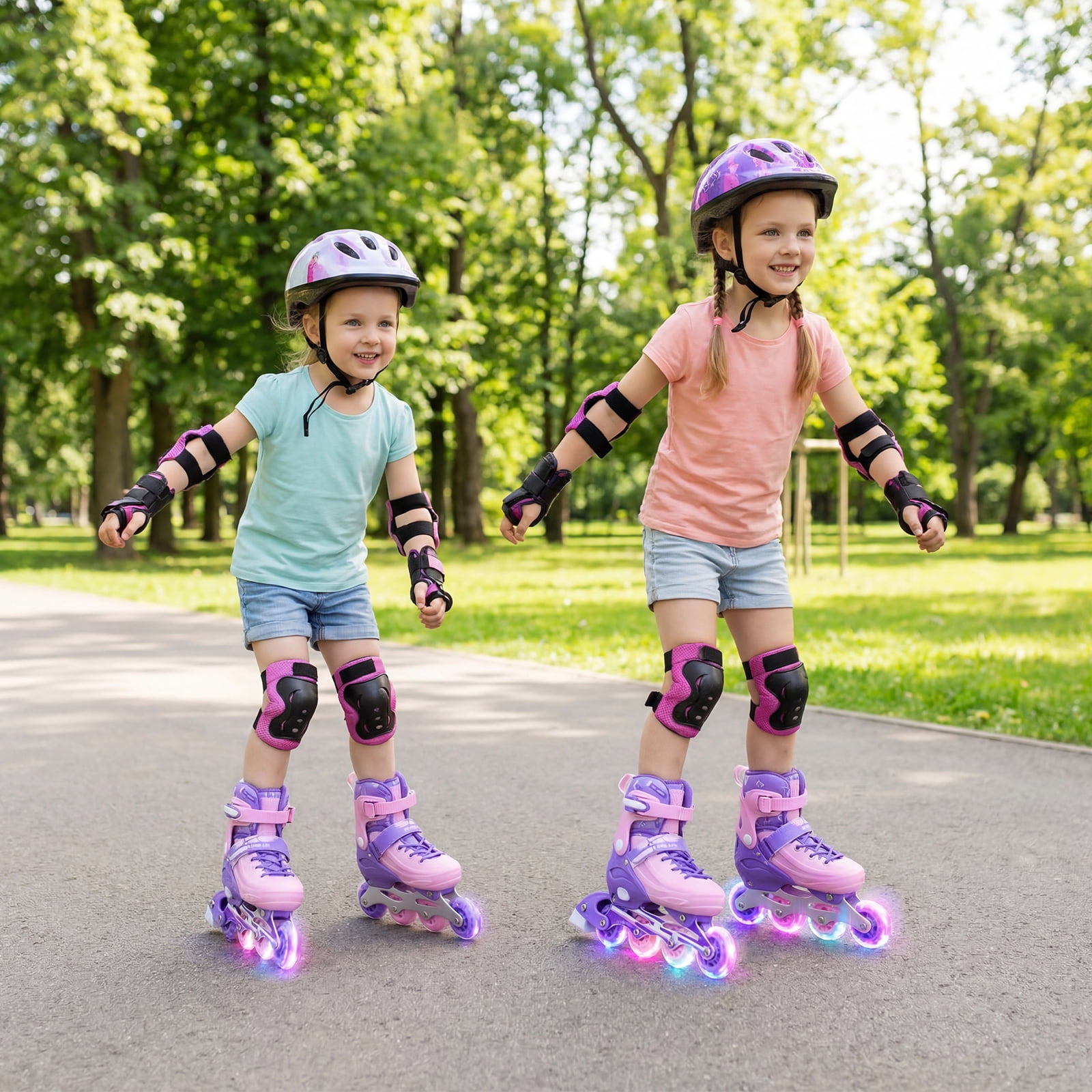 Babyjoy 4-Size Adjustable Light-Up Roller Skates with Illuminating Wheels & Safety Support Purple