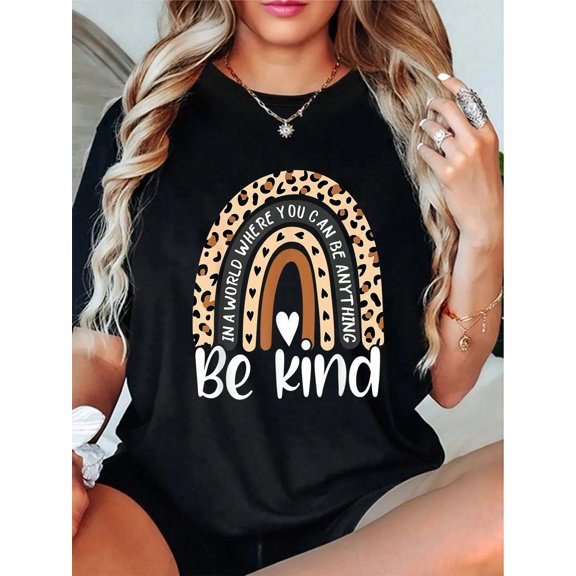 100% Cotton Be Kind Boho Leopard Rainbow Kindness Inspirational Cute T-Shirt