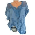 thumbnail image 5 of Chemisier Femme Dentelle Creuse Imprimée Col en V Manches Courtes Blouse Décontractée, Bleu, L, 5 of 5