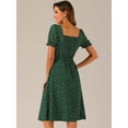 thumbnail image 3 of Unique Bargains Women's Floral Square Neck Button Decor Puff Short Sleeve Midi Dress L Dark Green, 3 of 6