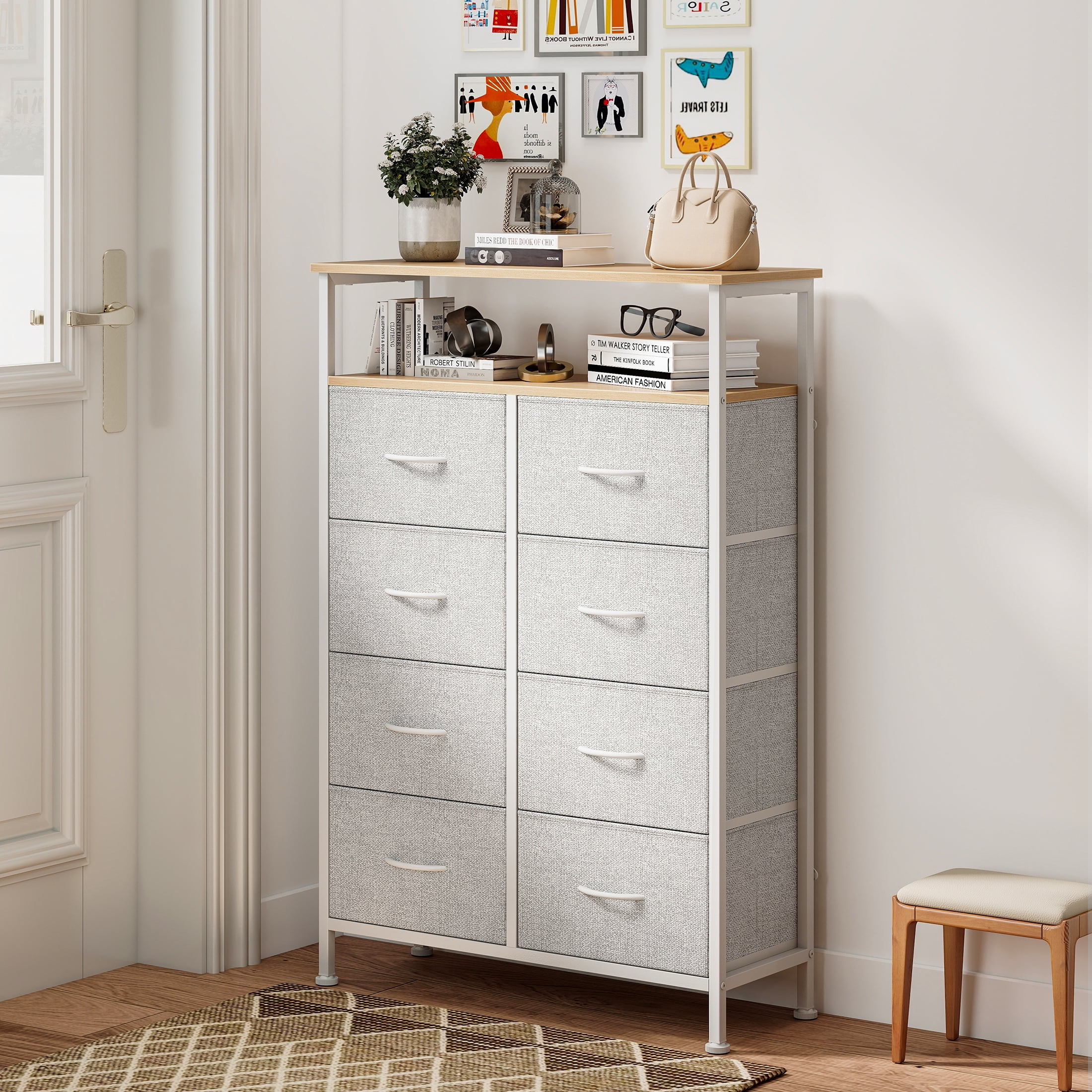 edx 8 Drawers Fabric Dresser, Clothes Storing, Storage Tower Organizer TV Stand, for Bedrooms, Wardrobes, Entryways, and Living Rooms, LightGray