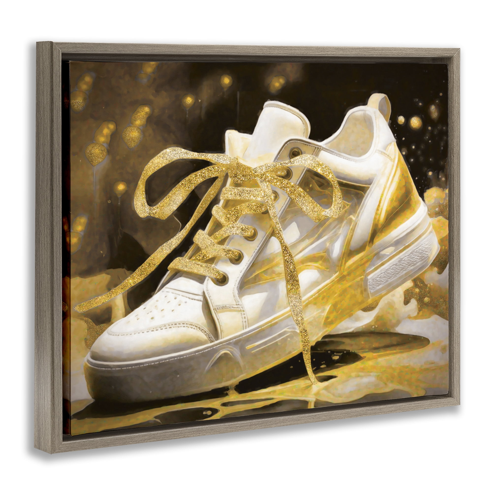 Stupell Industries Splashy Gold Sneaker Brown Framed Floater Canvas Wall Art, design by Grotto Studios