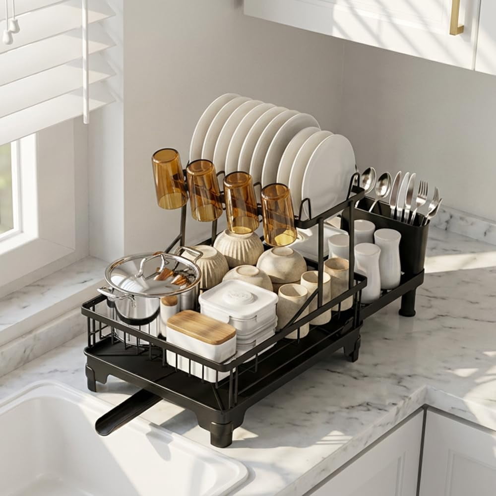 2 Tier Dish Drying Rack With Drainboard  Expandable Large Drainer For Kitchen Counter Rust Resistant Cup Holder & Utensil 12.6" W X 18.7"-25.2" L Black
