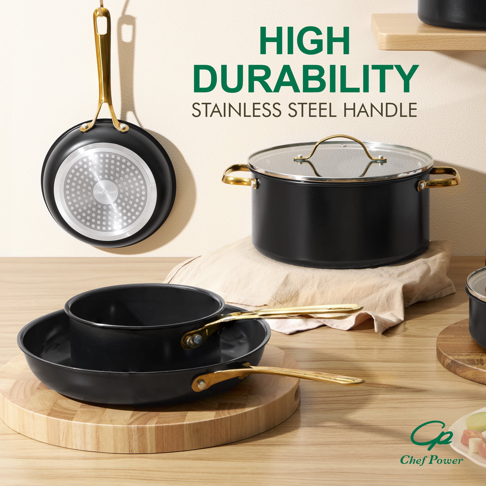 Chef Power Ceramic Cookware Sets, 10Pcs Pots and Pans Set Non Stick, Cookware Set with Stainless Steel Handle, Dishwasher & Oven Safe,Stone Black with Light Gold Handle