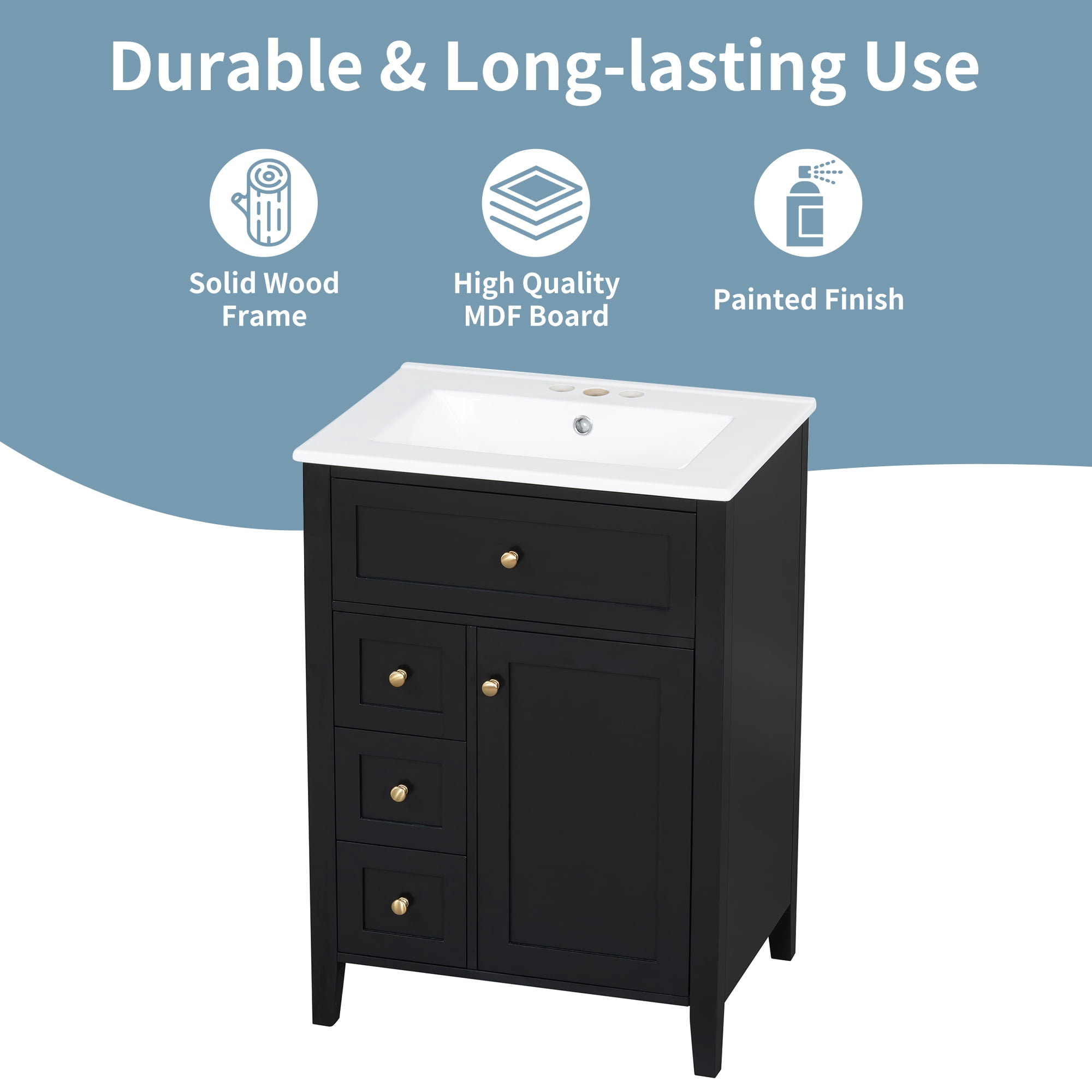 RONSHIN 24-inch Black Bathroom Vanity with Sink, 3 Drawers, Modern Design