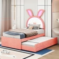 thumbnail image 3 of Harper & Bright Designs Cute Kids Twin Size Upholstered Platform Bed with Rabbit-Shaped Headboard with Embedded LED Lights, Velvet Platform Bed with Trundle and 3 Drawers for Boys Girls, Pink, 3 of 18