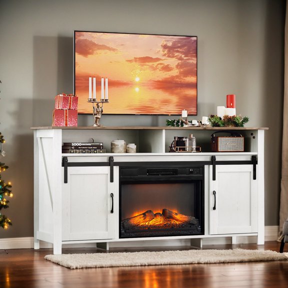 SYNGAR Farmhouse TV Stand with 23in Fireplace, Modern Entertainment Center Media Console Table for 55/60/65" TVs with Sliding Barn Doors, White   Brown