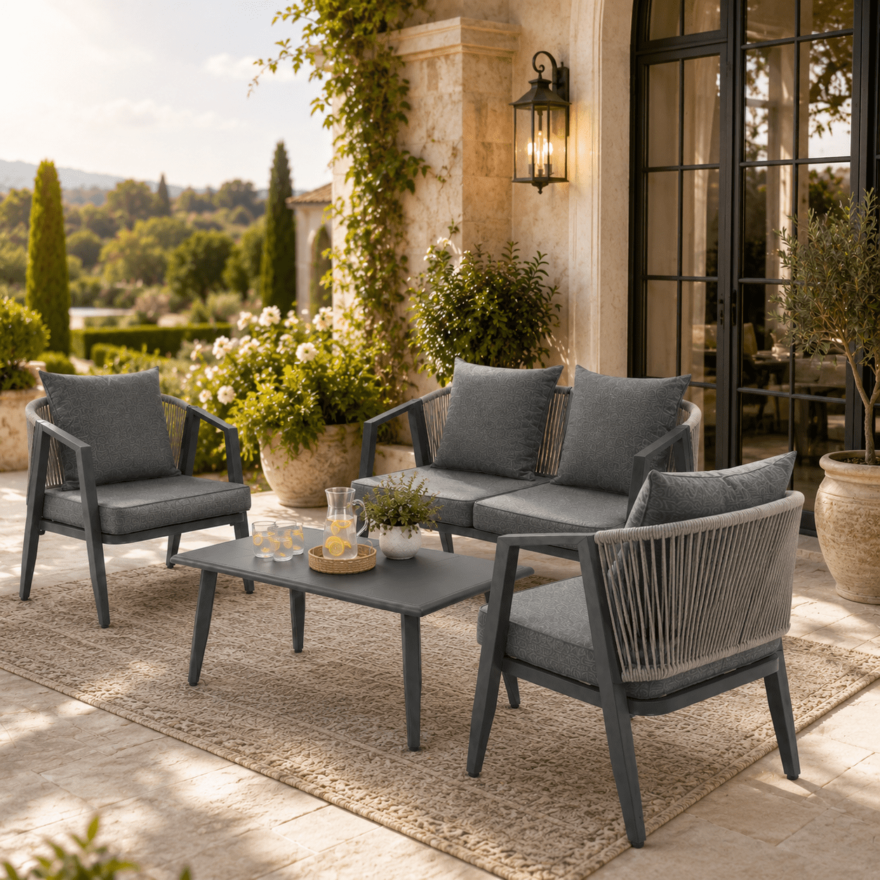 Patio Furniture Set on Sale, 4-Piece Outdoor Conversation Set with Thickened Cushions, Heavy-duty Iron Frame Sectional Sofa Set with Steel Coffee Table for Patio, Lawn, Garden, Balcony & Poolside