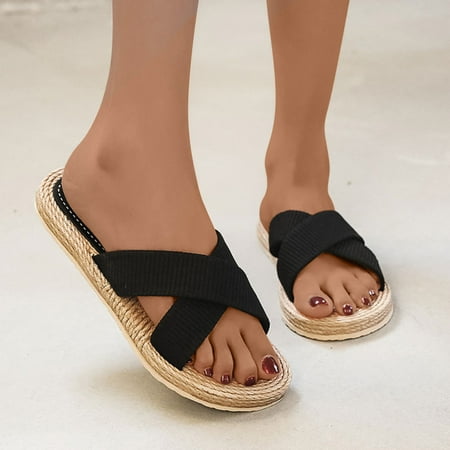 

Zpanxa Slippers for Women Shoes Summer Beach Sandals Imitation Hemp Rope Travel Flat-bottom Slippers Flip Flops for Women Black 37