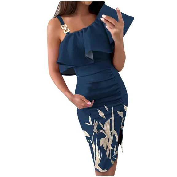 OAVQHLG3B Slit Ruffles Floral Dress for Women Mini Bodycon One-Shoulder Dresses Dress Women Summer 2022 Vestidos Vestir