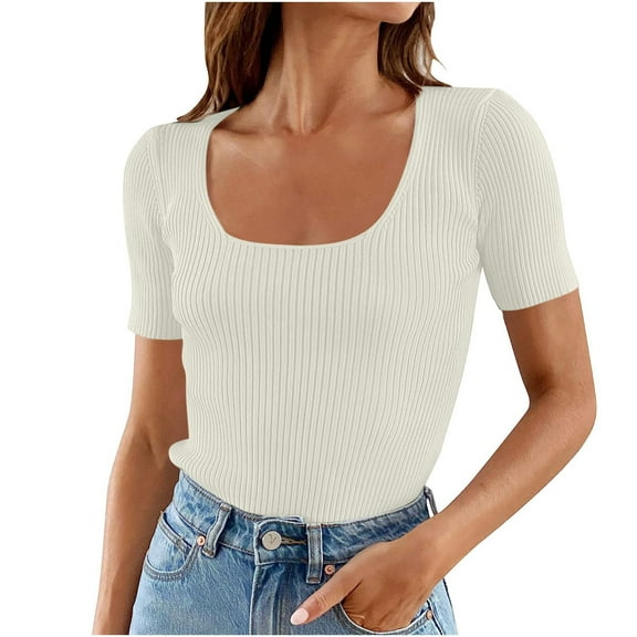 Jewelreauty Women Knit Short Sleeve Shirts Pullover Square Neck Tunic Basic Tees Casual Solid Lightweight Tops (S, White)