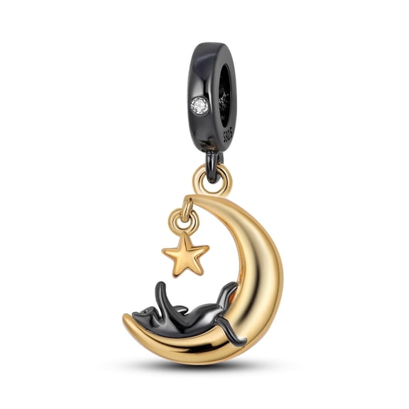 NARMO 925 Sterling Silver Moon Black Cat Charm, Sparkling Cubic Zirconia DIY Fit European Bracelet Women's Jewelry Gift for Her