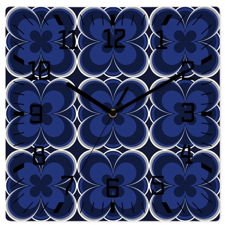 Wall Clock Navy Blue Geometric Operated Square Clocks Wooden Silent Non-Ticking Wallclock 12 Inch Abstract Floral Modern Art Wood Wall Clock for Living Room Bedroom Office Shool Home Decor