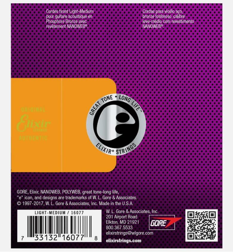 6 Sets! Elixir NANOWEB Phosphor Bronze Acoustic — 16077 Light/Medium .012-.056