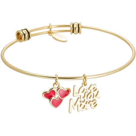 Connections from Hallmark Stainless Steel Yellow-Tone "Love you More" and Hearts Multi-Charm Wire Bangle, 7.75
