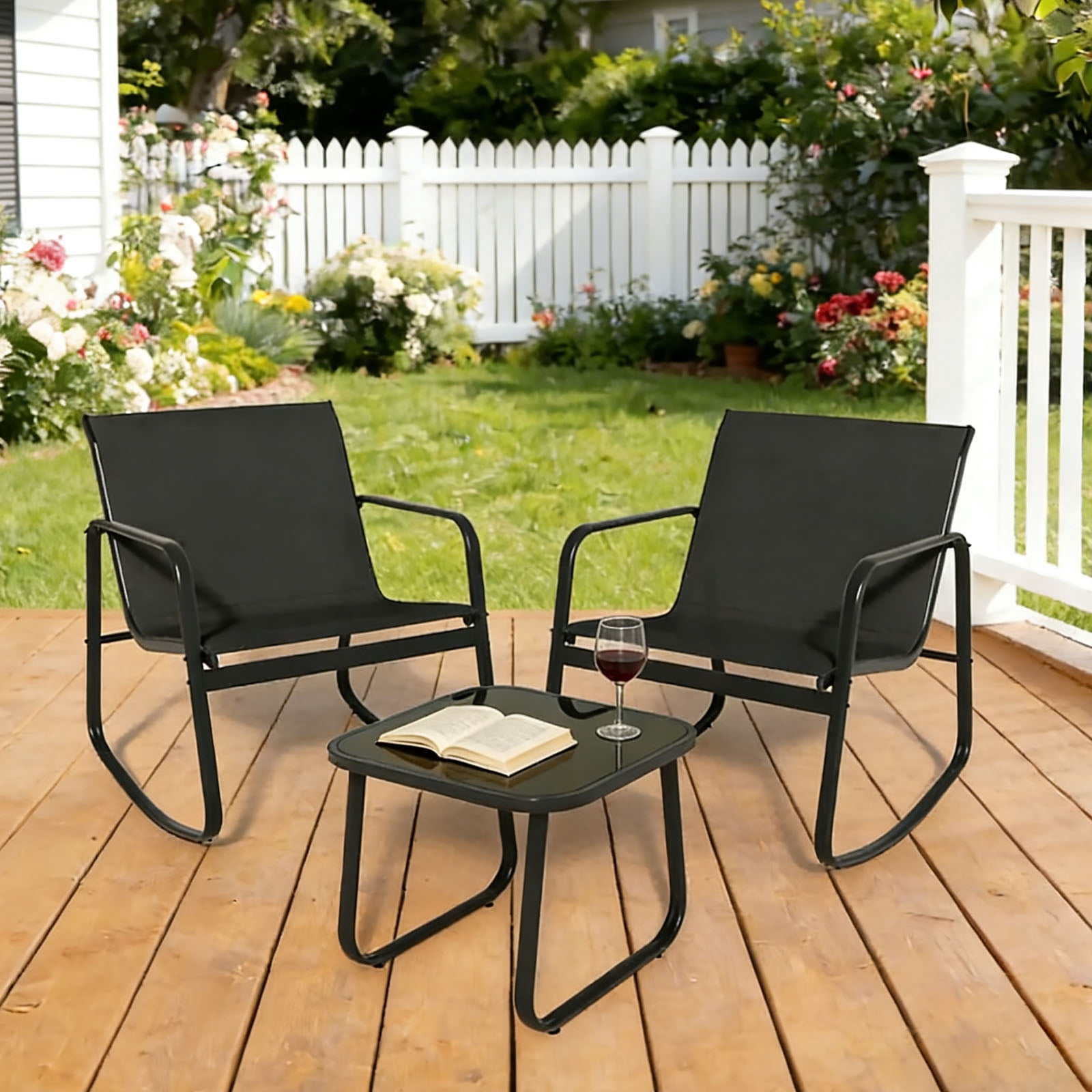 Casabay 3-Piece Outdoor Courtyard Furniture Set with Patio Chairs & Coffee Table, All Weather Outdoor Seating Breathable Fabric for Yard, Pool, Lawn, Black
