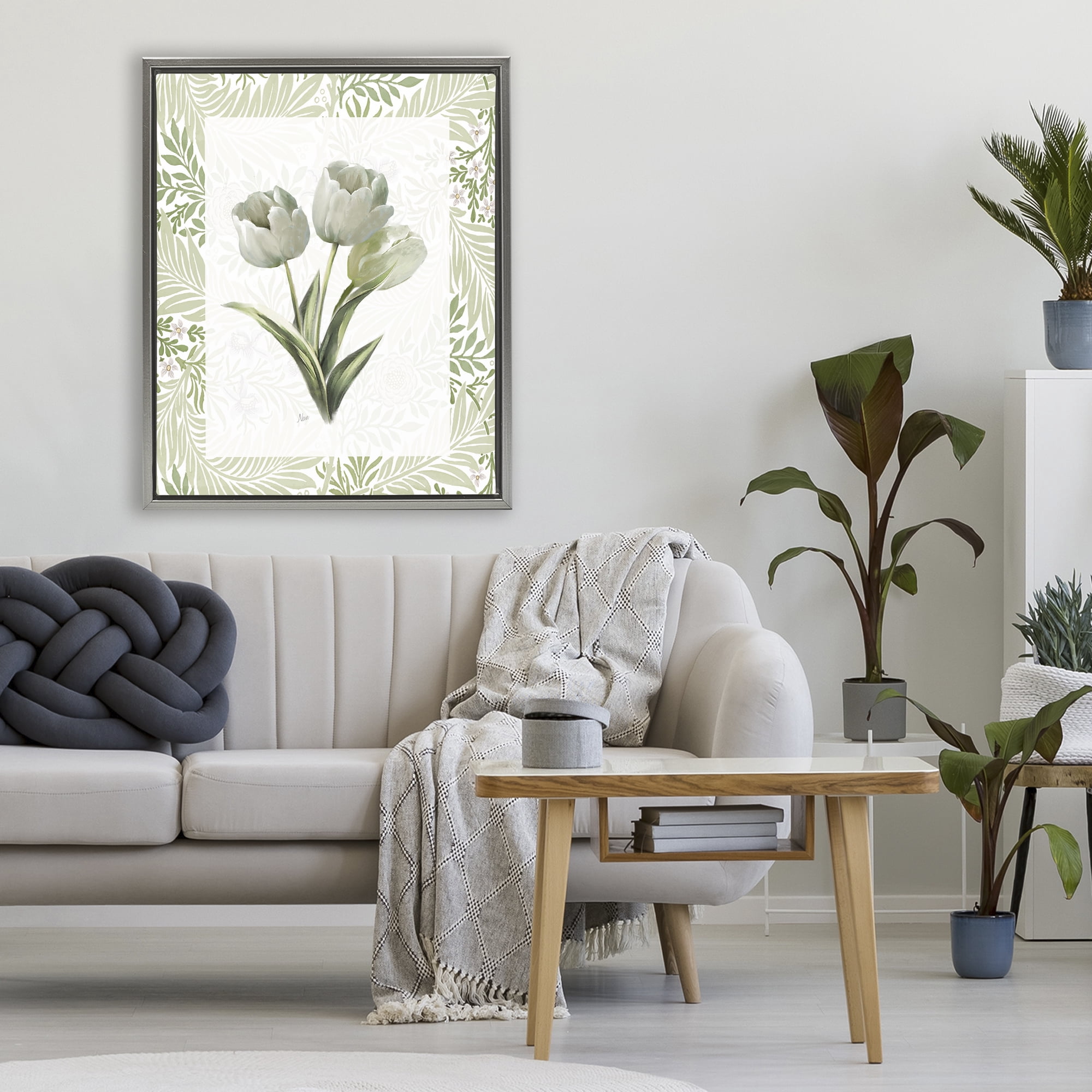 Stupell Industries Pale Green Tulip Trio Gray Framed Floater Canvas Wall Art, design by Nan