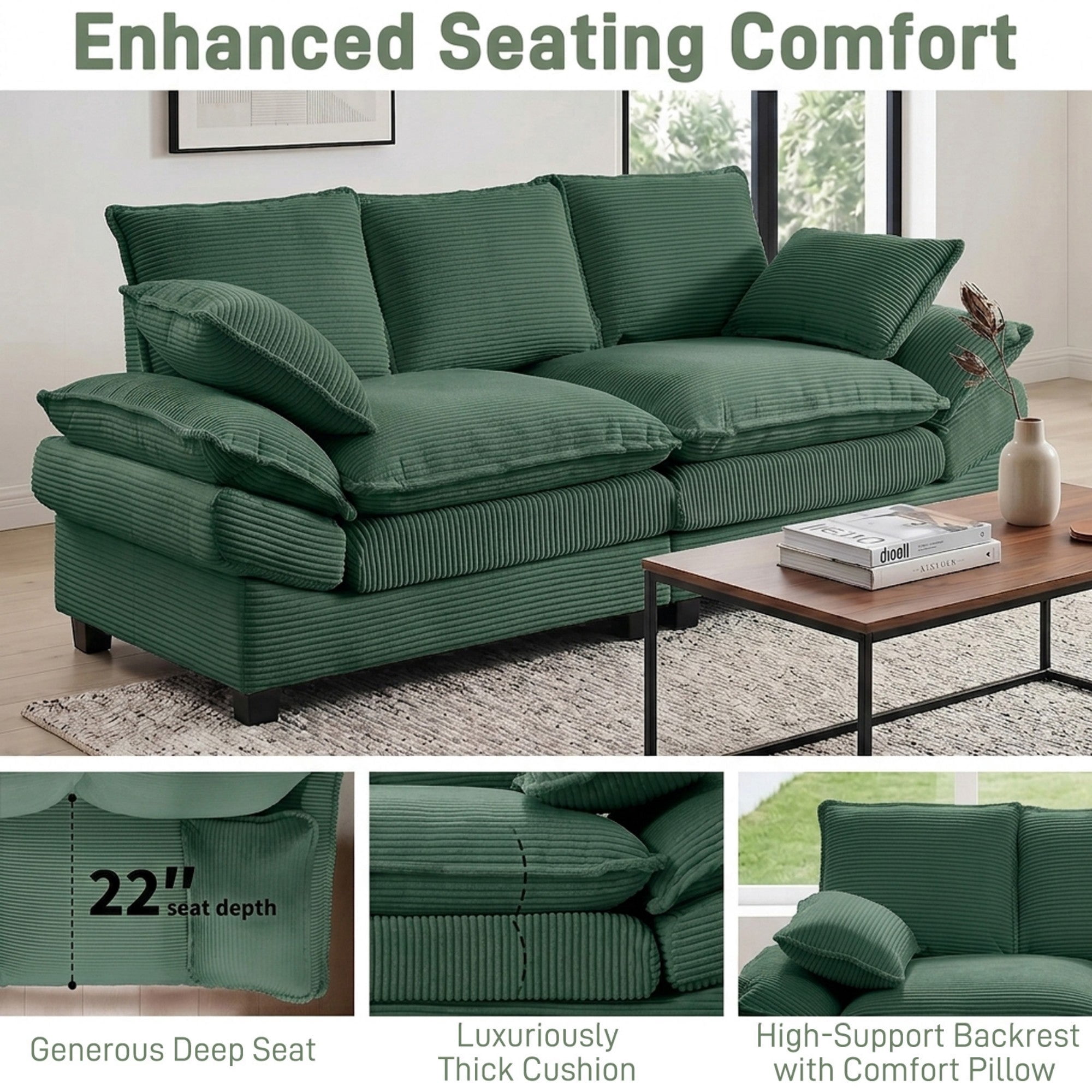 Sailvan 83" Modern Loveseat Sofa,2-Seat Corduroy Couch with High-Elastic Sponge,Comfy Upholstered Sofa for Living Room & Apartment,Green