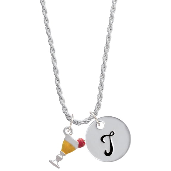 Delight Jewelry Silvertone 3-D Yellow Tropical Drink Silvertone Script Initial Disc - T - Charm Necklace, 20"+3"