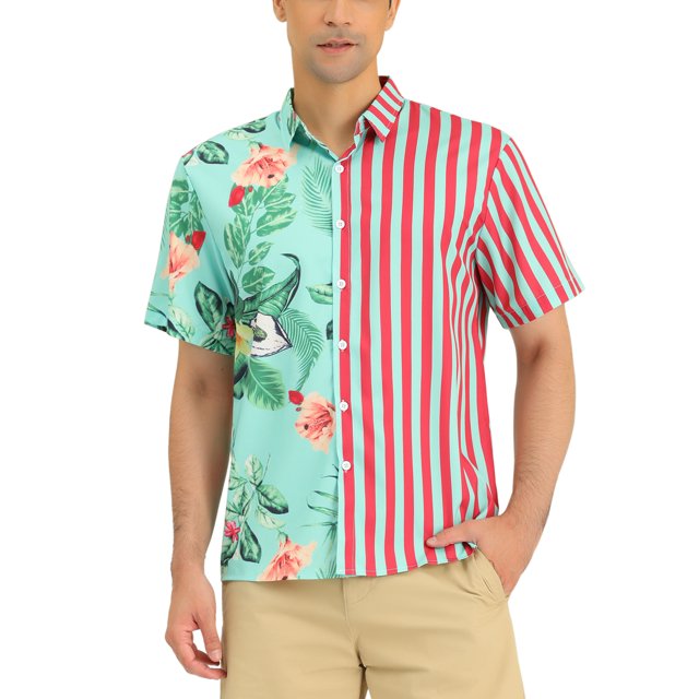 Lars Amadeus Men's Floral Stripes Patchwork Button Down Summer Printed Shirts M Green Rose Red