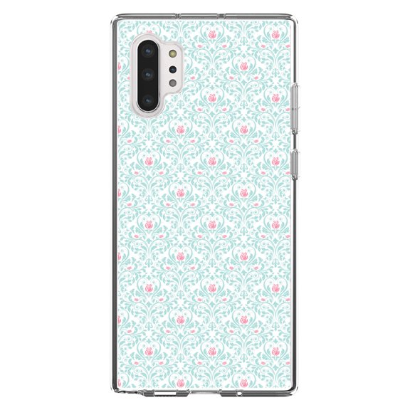 DistinctInk Clear Shockproof Hybrid Case for Galaxy Note 10 PLUS (6.8" Screen) - TPU Bumper, Acrylic Back, Tempered Glass Screen Protector - Teal & Pink Rose Pattern