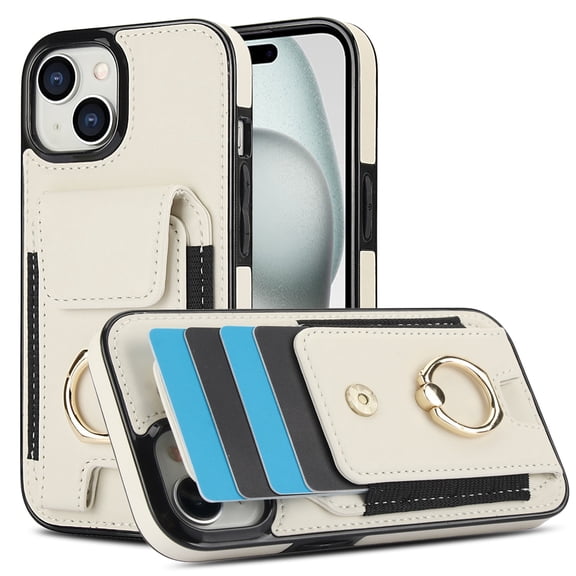 SaniMore for iPhone 15 Case with Metal Rotating Ring Kickstand RFID Blocking Card Slots PU Leather Anti-scractch Wear-resitant Shockproof Wallet Cover for iPhone 15(6.1" 2023), Apricot