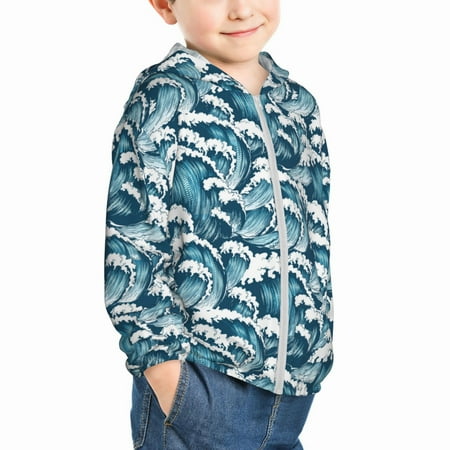 

Uemuo Ocean Waves Pattern Rash Guard for Boys Girls Long Sleeve Swim Shirts UPF 50+ UV Sun Protection Hooded Fishing Shirt with Pocket for Kid-3 Years