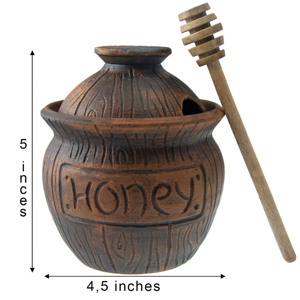Honey Jar with a Dipper. Ceramic Honey Pot Made Out of Solid Clay Piece
