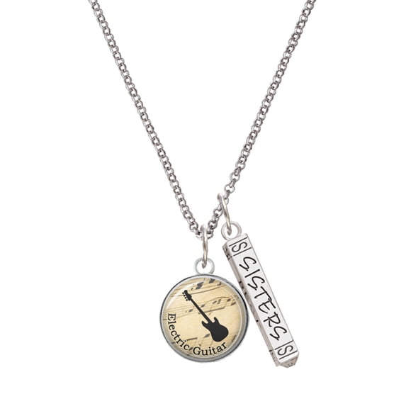 Delight Jewelry Silvertone Domed Music - Electric Guitar Silvertone Sisters Best Friends Forever Bar Charm Necklace, 23"