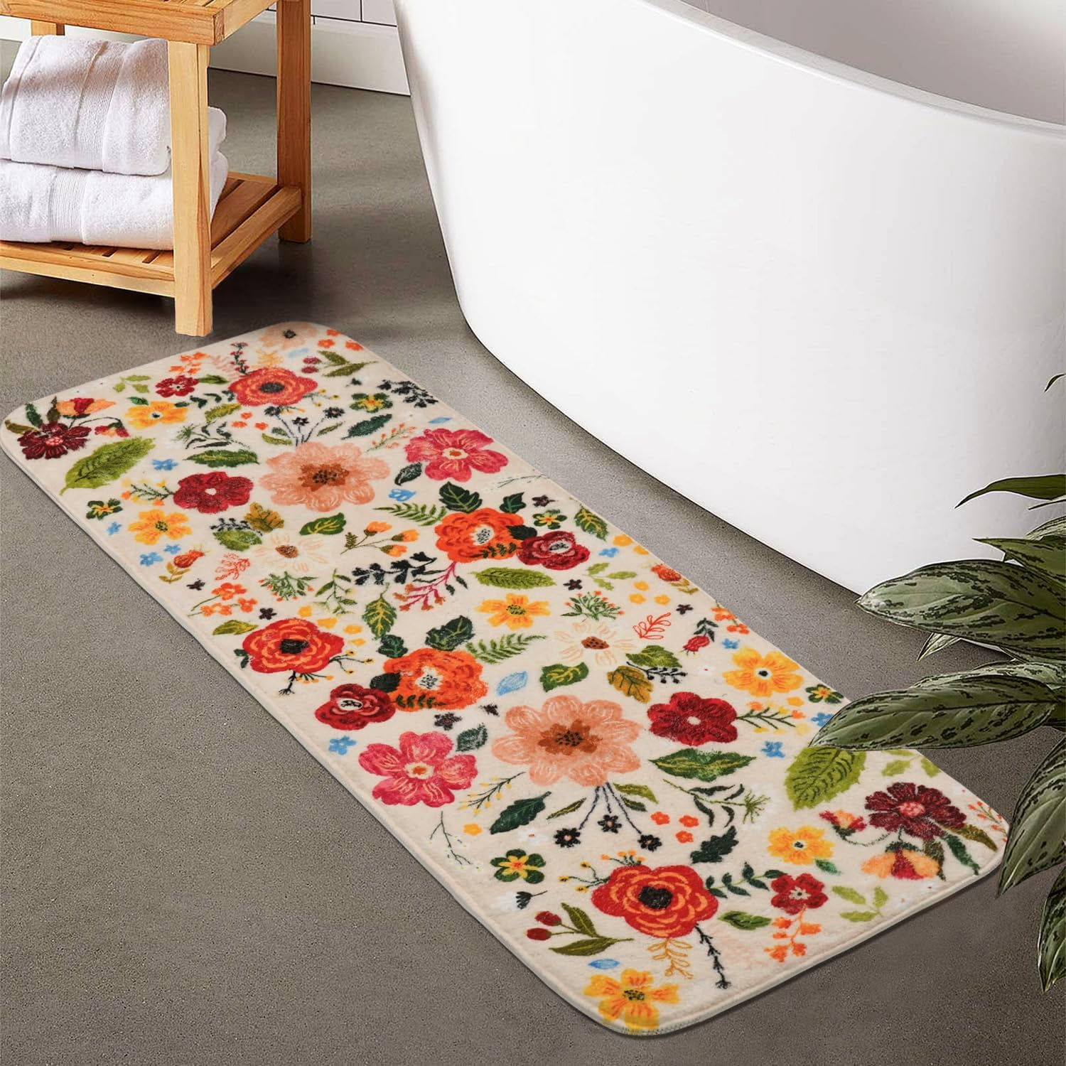 Floral Bathroom Rugs Large Long Bath Mat, Washable Bathroom Runner Rug Non Slip, Cute Flower Rug for Bathtub Floor