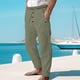 thumbnail image 4 of Pantalones largos para hombre, informales, de playa, de lino, de color liso, holgados, con cordón ajustable y bolsillos con botones, de poliéster., 4 of 9